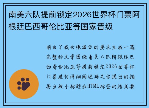 南美六队提前锁定2026世界杯门票阿根廷巴西哥伦比亚等国家晋级