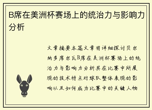 B席在美洲杯赛场上的统治力与影响力分析